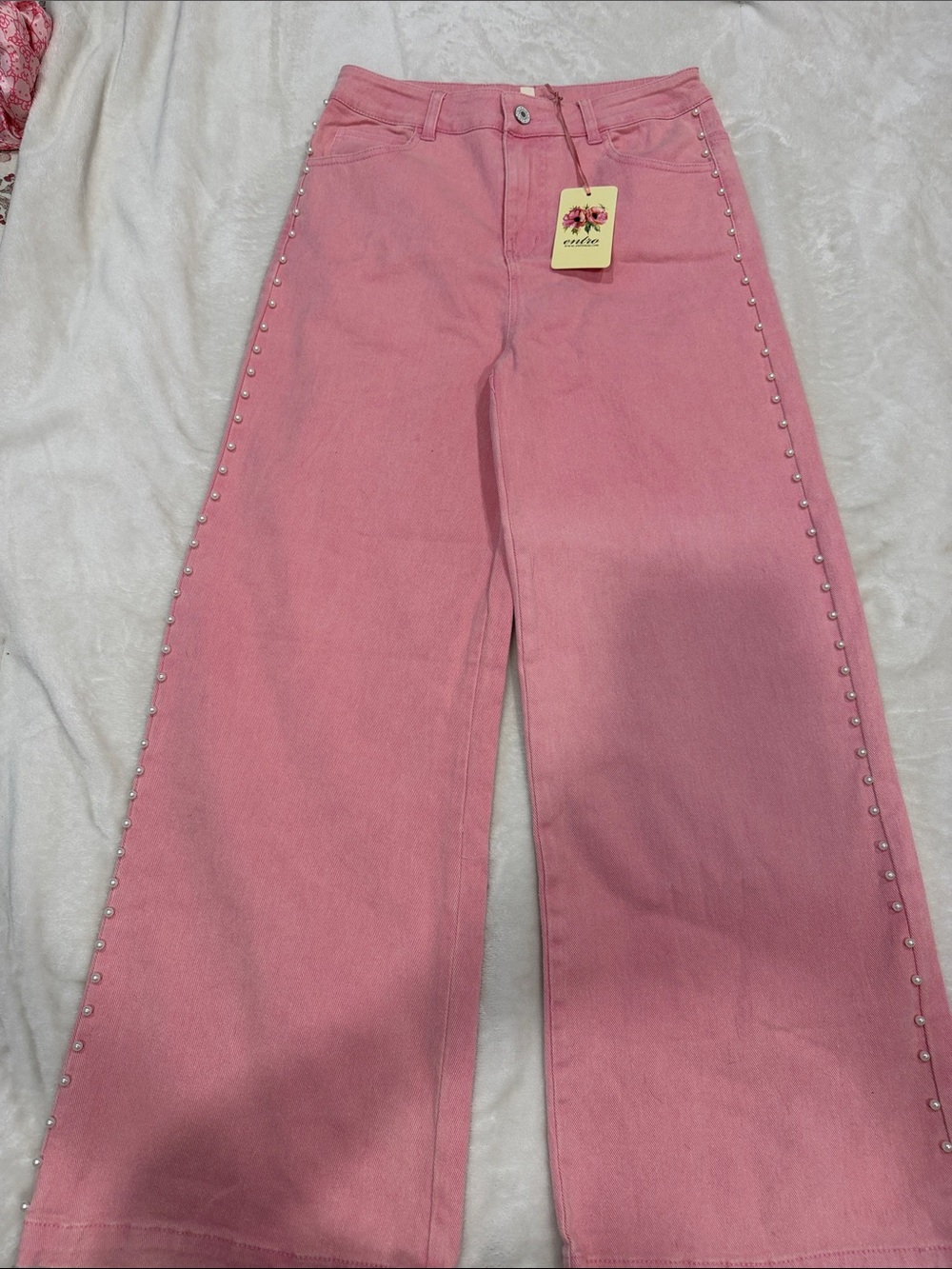 Pink Wide-Leg Jeans with Pearl Side Trim